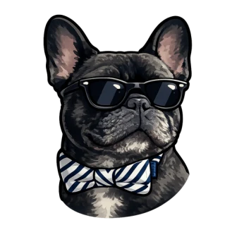 Illustration of Ralph the French bulldog wearing sunglasses and a striped bow tie